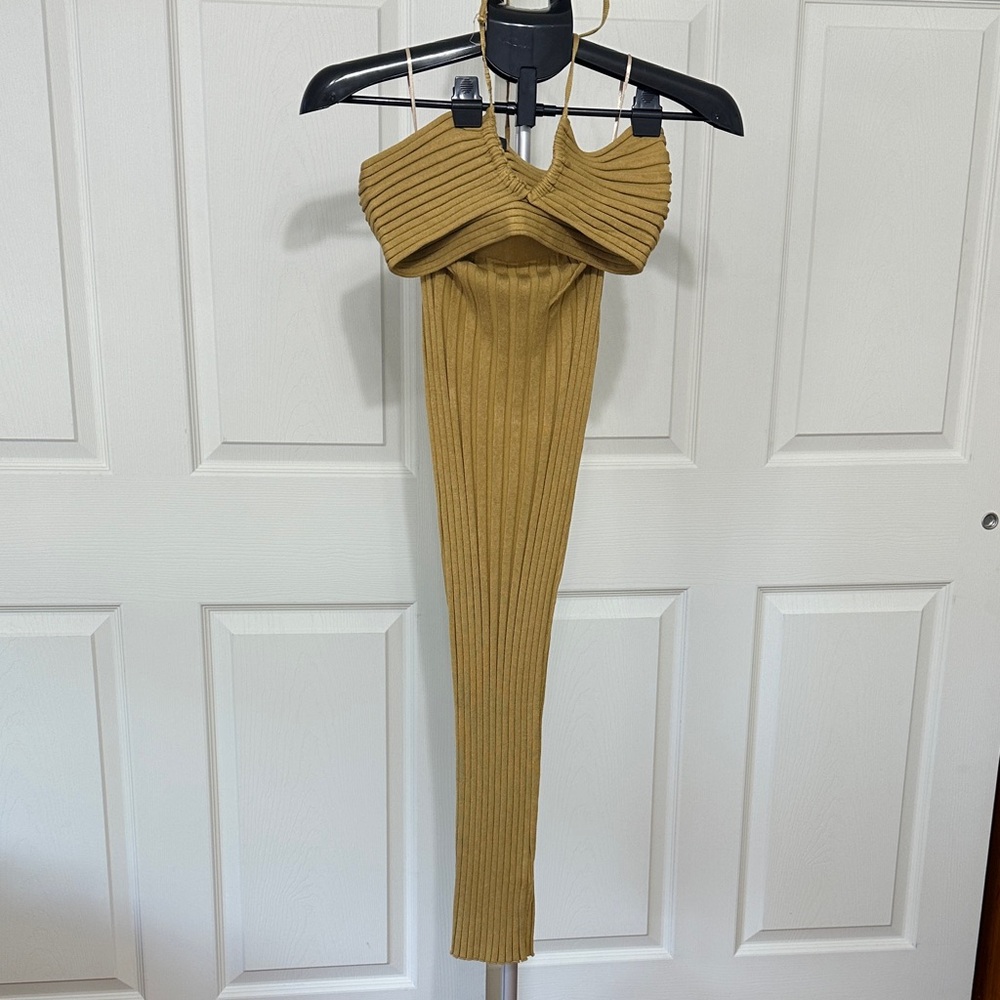 Chic Mustard Ribbed Halter Top Maxi Set